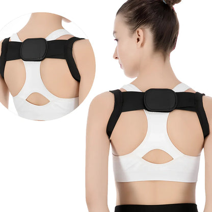 Adjustable spandex back posture corrector in black, supporting spine alignment for adults and children, sizes S to 2XL