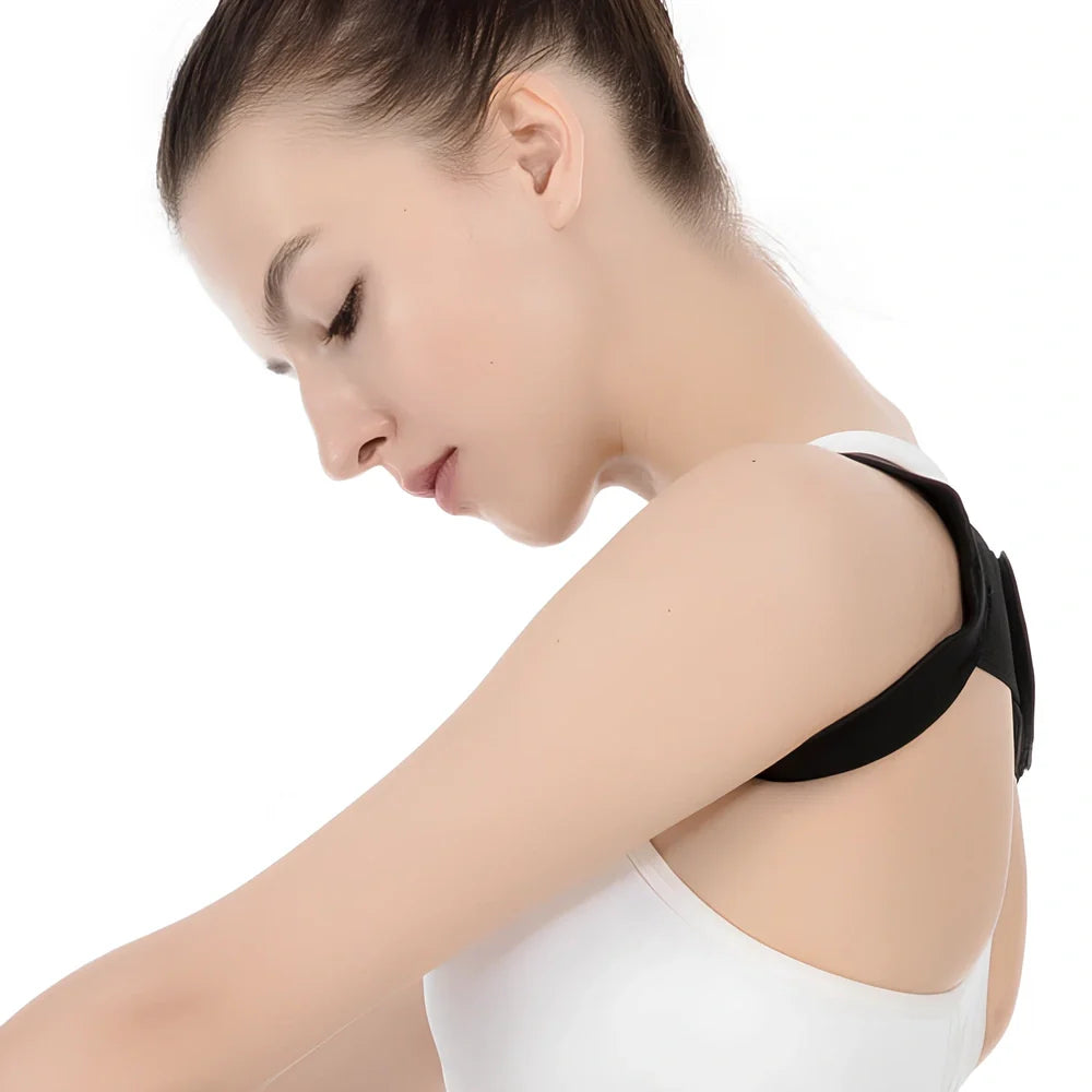 Adjustable spandex back posture corrector in black, supporting spine alignment for adults and children, sizes S to 2XL