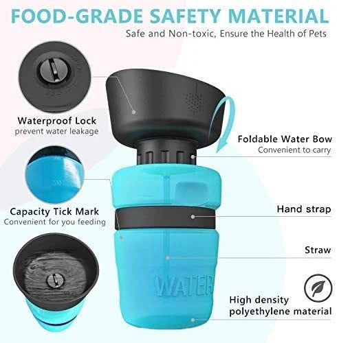 Foldable dog water bottle with integrated bowl in blue, rose red, and tiffany blue