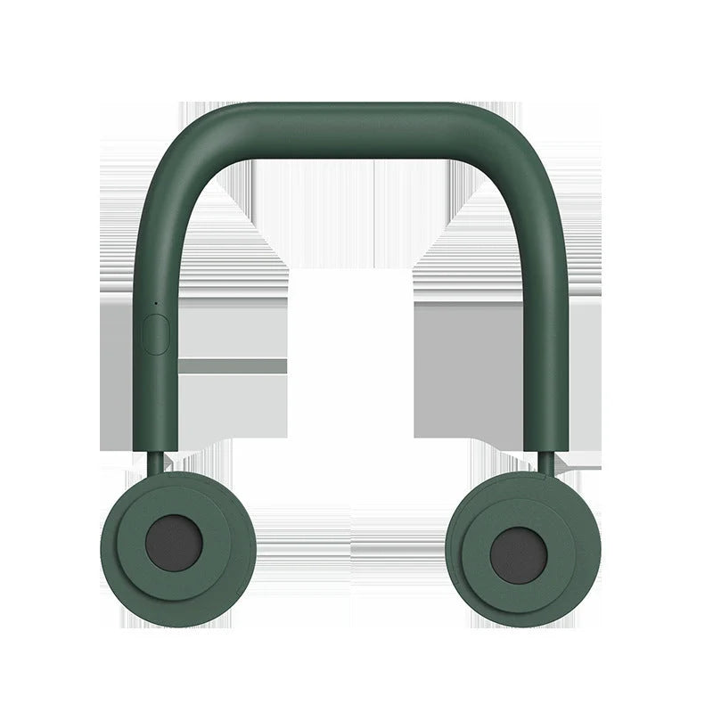 USB Portable Neck Fan in pink, fluorescent green, and dark green with dual fans and hands-free design