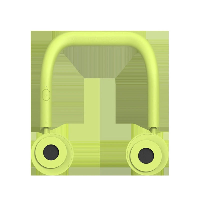 USB Portable Neck Fan in pink, fluorescent green, and dark green with dual fans and hands-free design