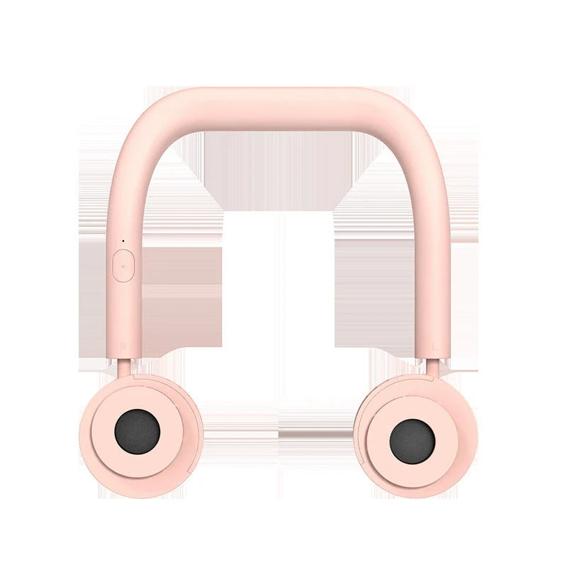 USB Portable Neck Fan in pink, fluorescent green, and dark green with dual fans and hands-free design