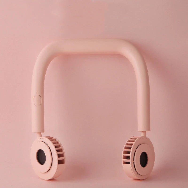 USB Portable Neck Fan in pink, fluorescent green, and dark green with dual fans and hands-free design