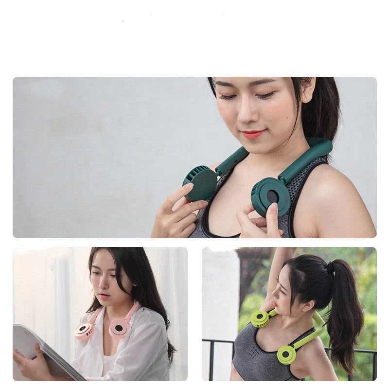USB Portable Neck Fan in pink, fluorescent green, and dark green with dual fans and hands-free design
