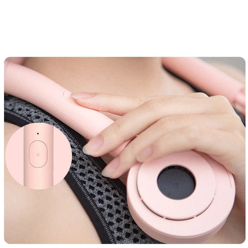 USB Portable Neck Fan in pink, fluorescent green, and dark green with dual fans and hands-free design