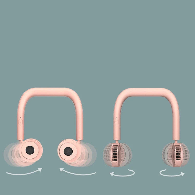 USB Portable Neck Fan in pink, fluorescent green, and dark green with dual fans and hands-free design