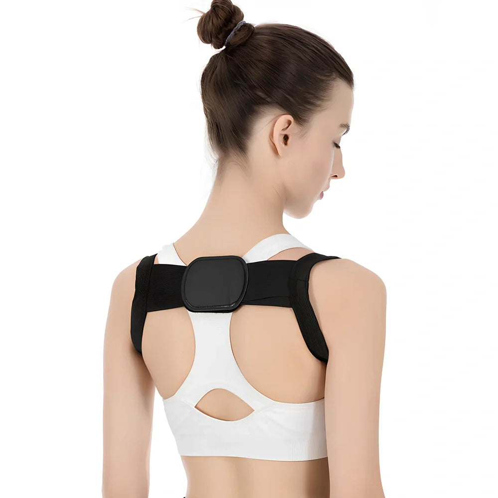 Adjustable spandex back posture corrector in black, supporting spine alignment for adults and children, sizes S to 2XL