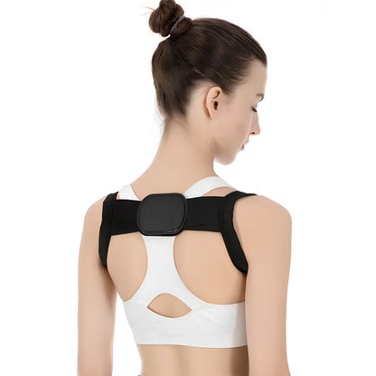 Adjustable spandex back posture corrector in black, supporting spine alignment for adults and children, sizes S to 2XL
