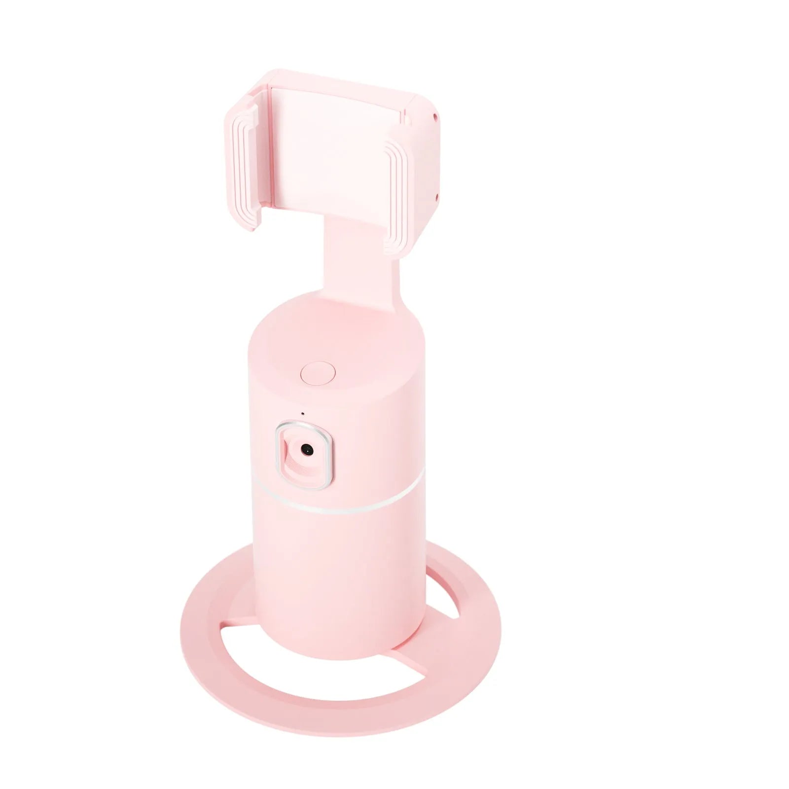 Black motorised smartphone gimbal stabiliser showing clip mount and 360-degree rotation capability.