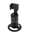 Black motorised smartphone gimbal stabiliser showing clip mount and 360-degree rotation capability.