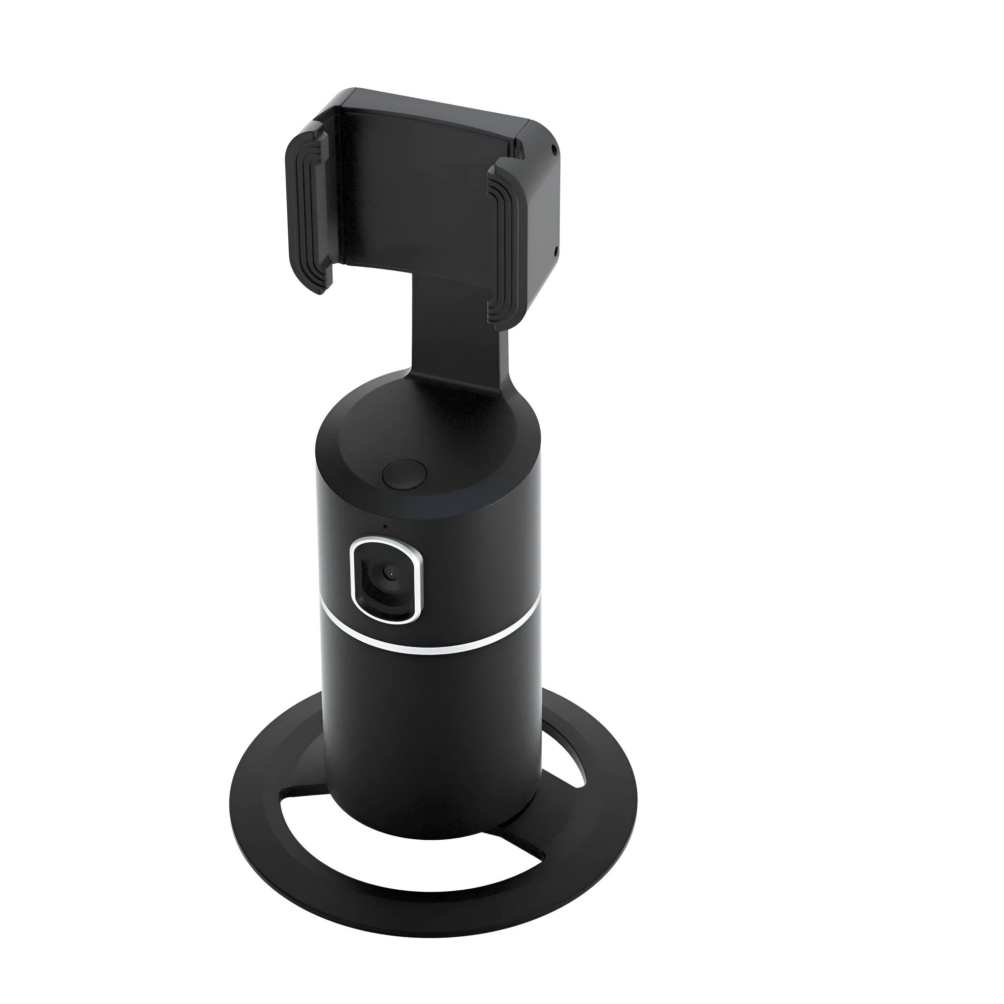 Black motorised smartphone gimbal stabiliser showing clip mount and 360-degree rotation capability.