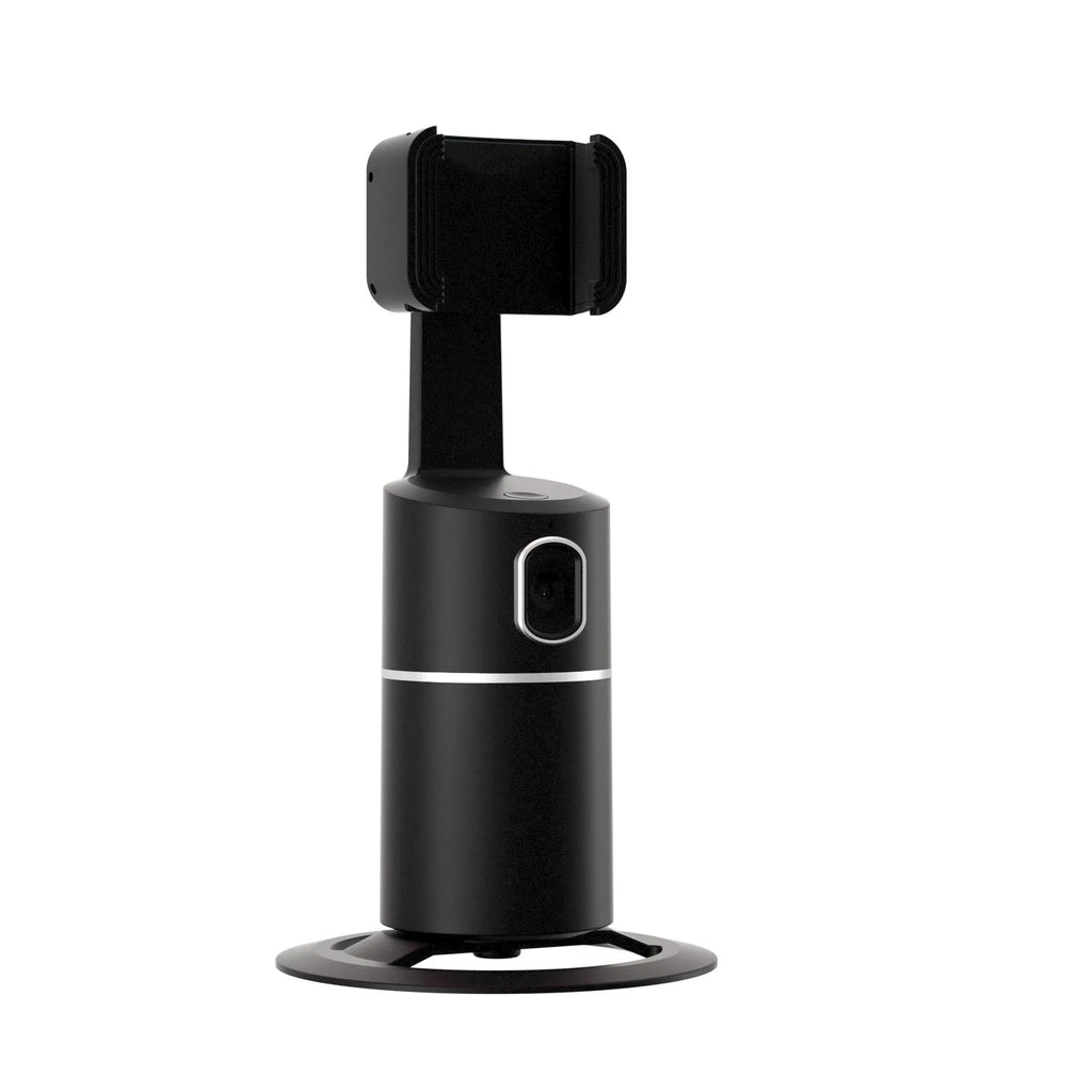 Black motorised smartphone gimbal stabiliser showing clip mount and 360-degree rotation capability.