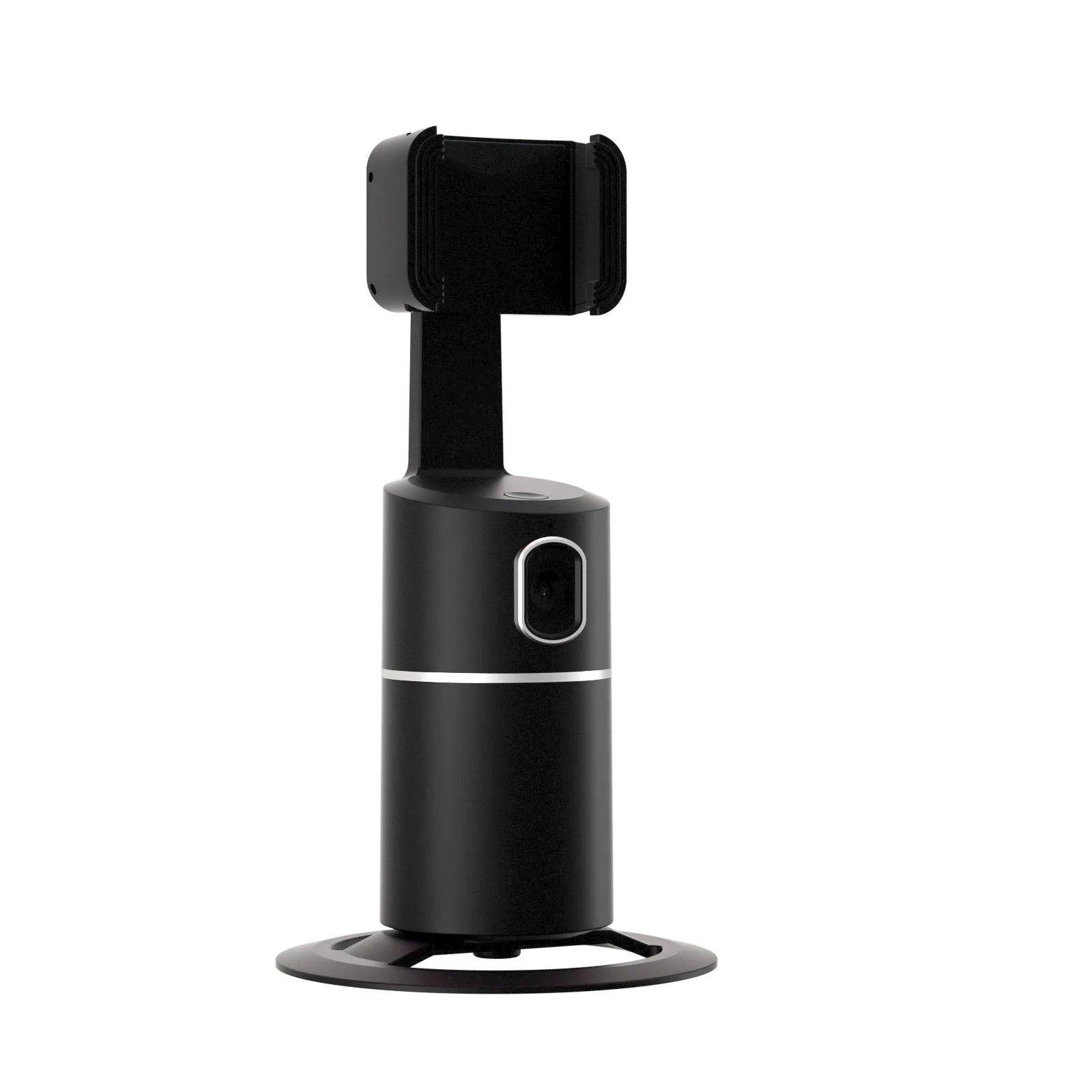 Black motorised smartphone gimbal stabiliser showing clip mount and 360-degree rotation capability.