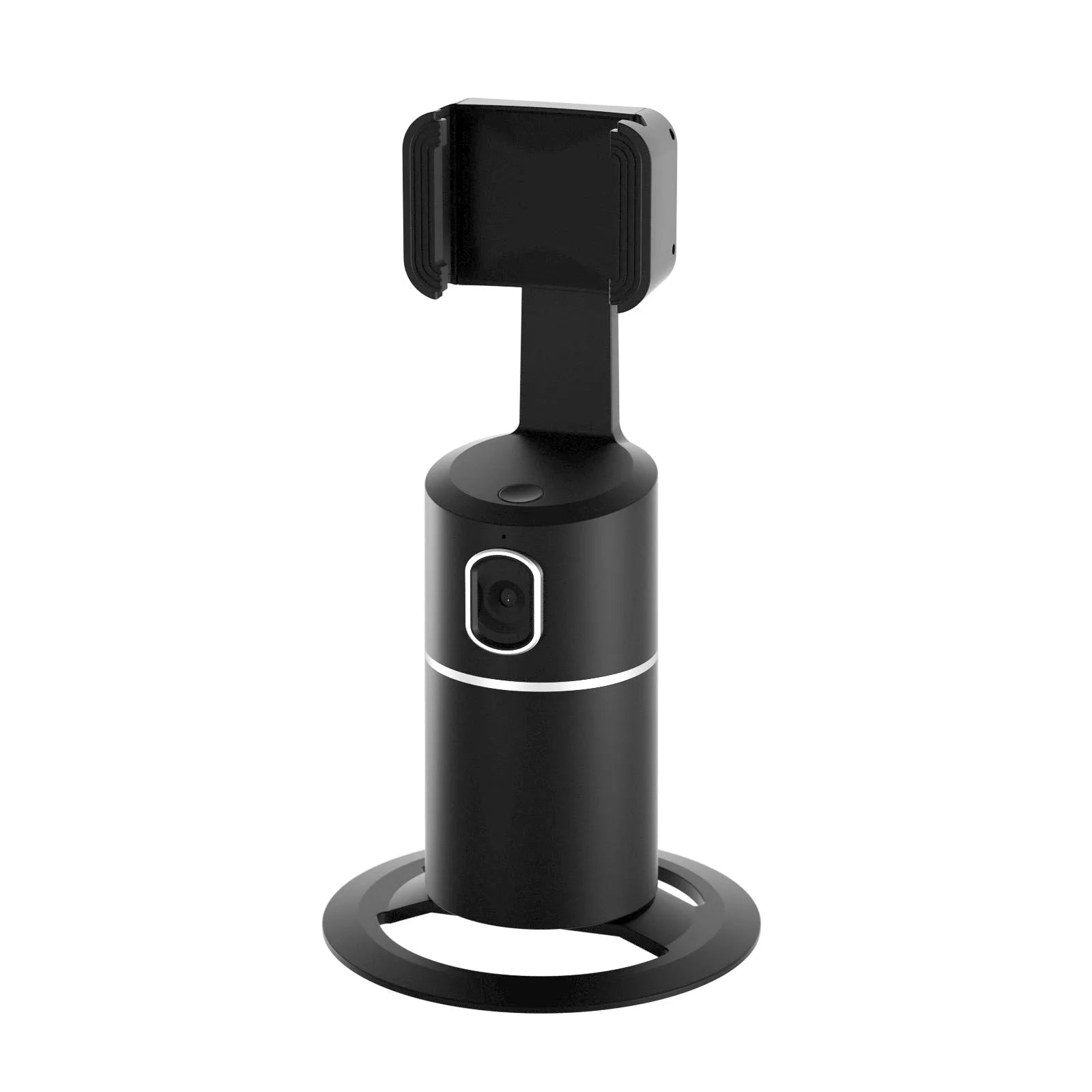 Black motorised smartphone gimbal stabiliser showing clip mount and 360-degree rotation capability.