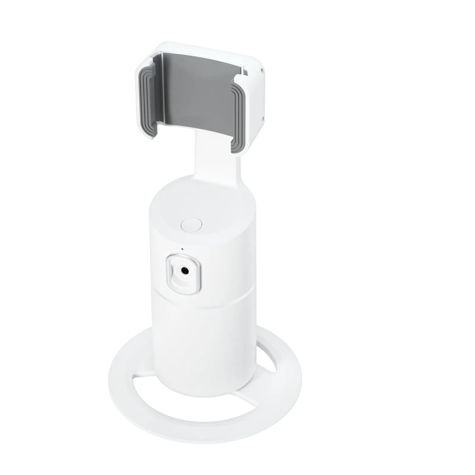 Black motorised smartphone gimbal stabiliser showing clip mount and 360-degree rotation capability.