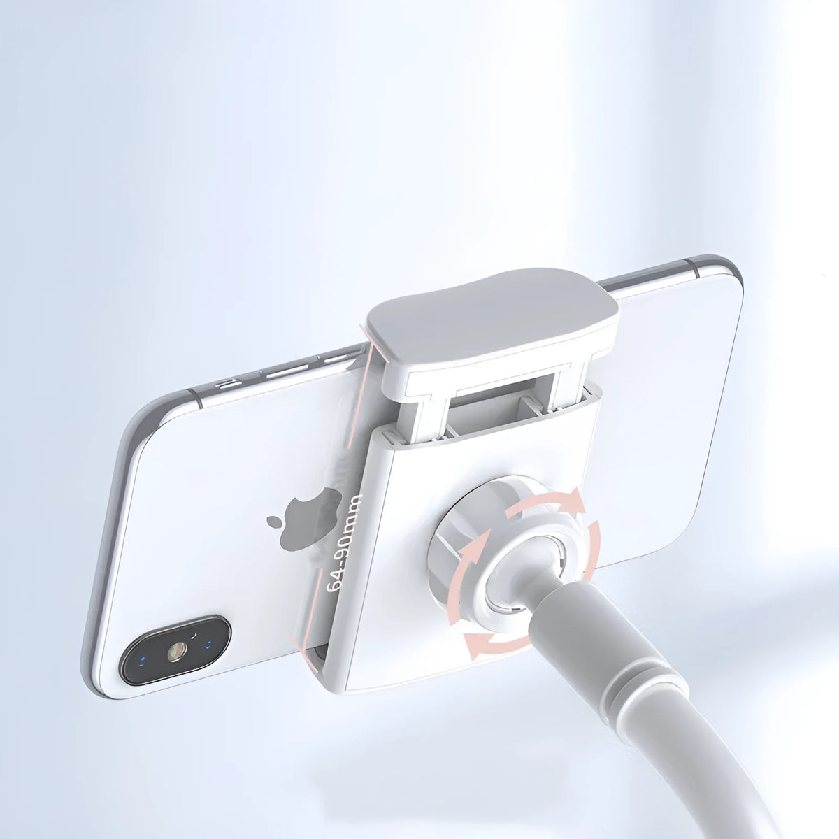 Baseus 360 rotating phone stand with flexible arm in silver on desk holding a smartphone