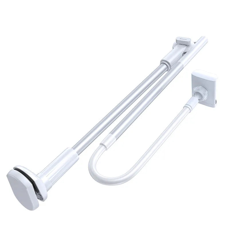 Baseus 360 rotating phone stand with flexible arm in silver on desk holding a smartphone