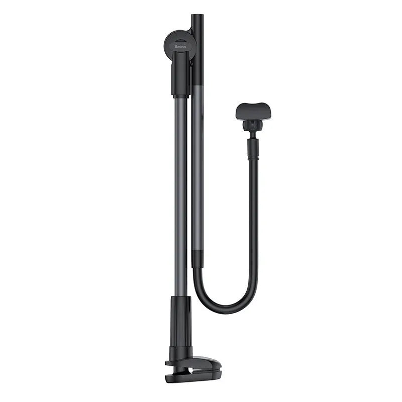 Baseus 360 rotating phone stand with flexible arm in silver on desk holding a smartphone