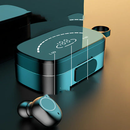 Black wireless Bluetooth 5.0 earbuds with charging case, IPX5 sweat-proof for sports, 10m range