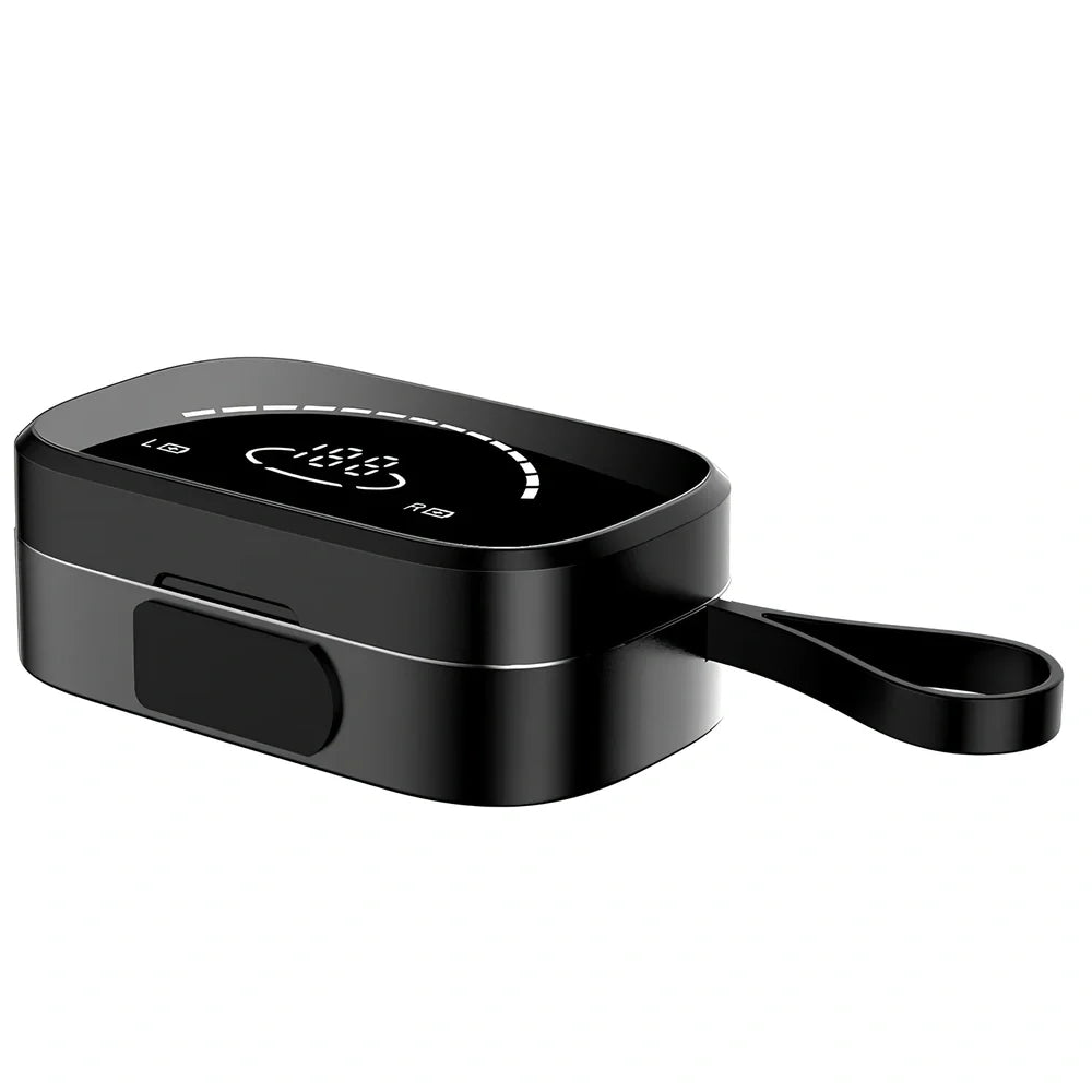 Black wireless Bluetooth 5.0 earbuds with charging case, IPX5 sweat-proof for sports, 10m range