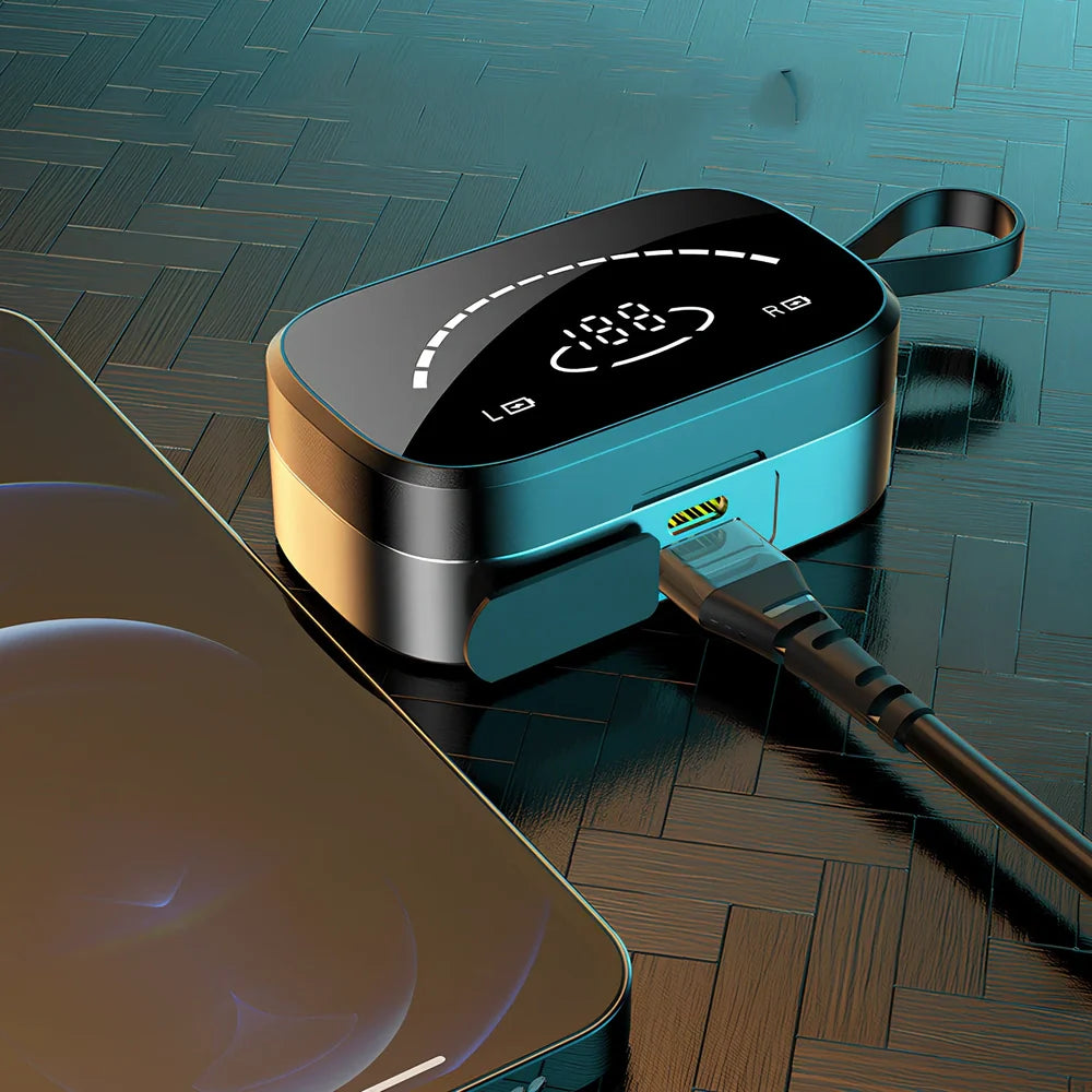 Black wireless Bluetooth 5.0 earbuds with charging case, IPX5 sweat-proof for sports, 10m range