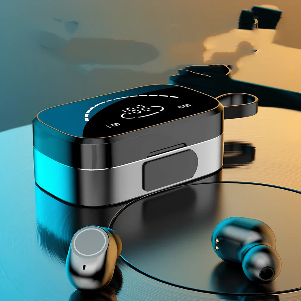 Black wireless Bluetooth 5.0 earbuds with charging case, IPX5 sweat-proof for sports, 10m range