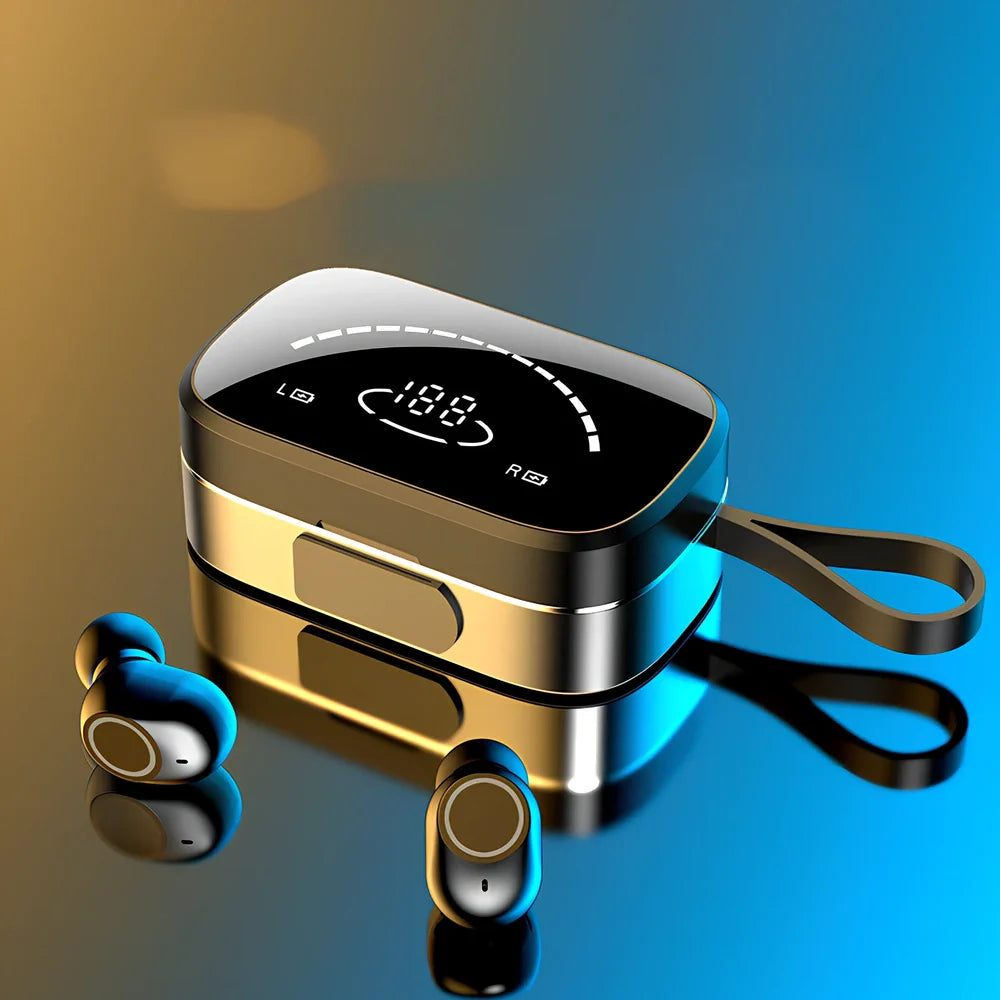 Black wireless Bluetooth 5.0 earbuds with charging case, IPX5 sweat-proof for sports, 10m range