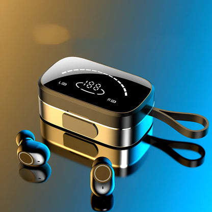 Black wireless Bluetooth 5.0 earbuds with charging case, IPX5 sweat-proof for sports, 10m range