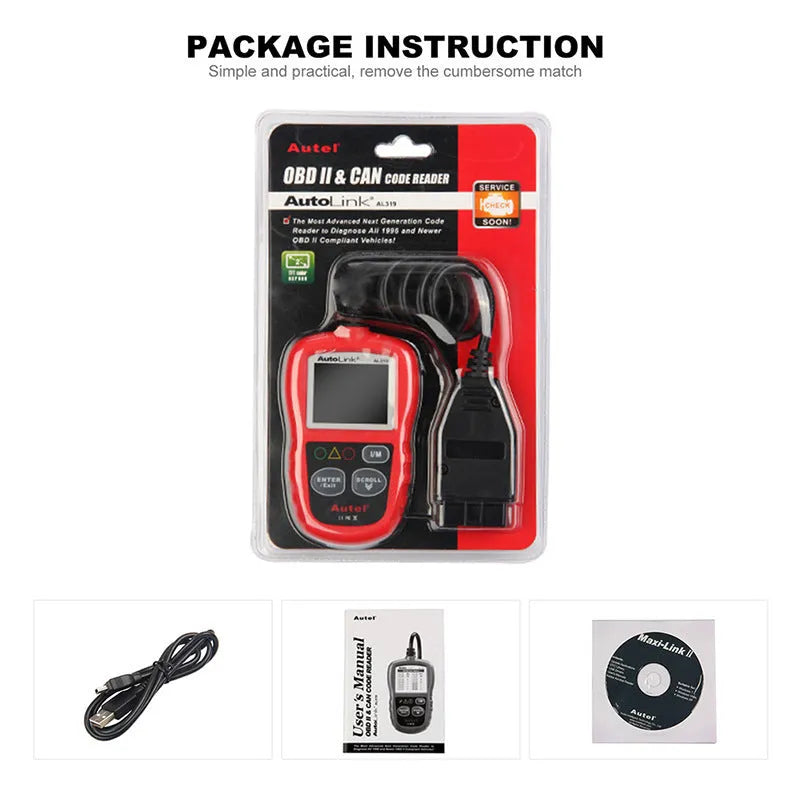 AUTEL AL319 red OBD2 scanner car diagnostic tool on white background