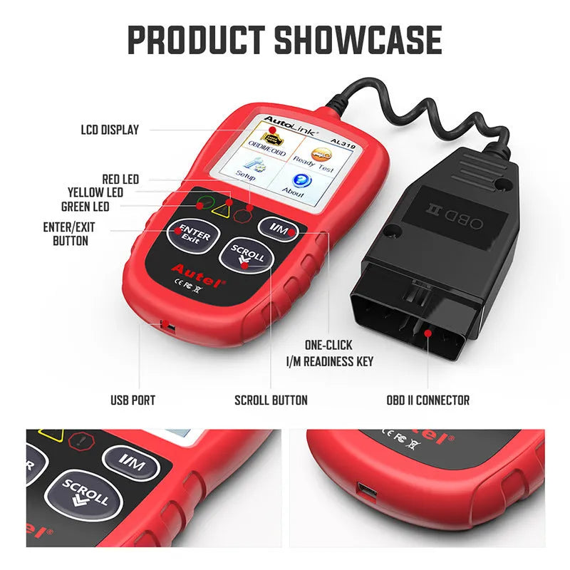 AUTEL AL319 red OBD2 scanner car diagnostic tool on white background