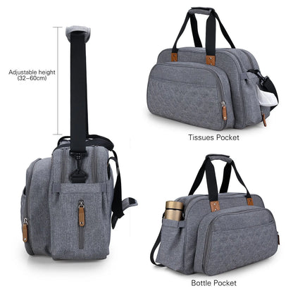 Convertible baby diaper bag in black and grey, transforming into a crib and changing table