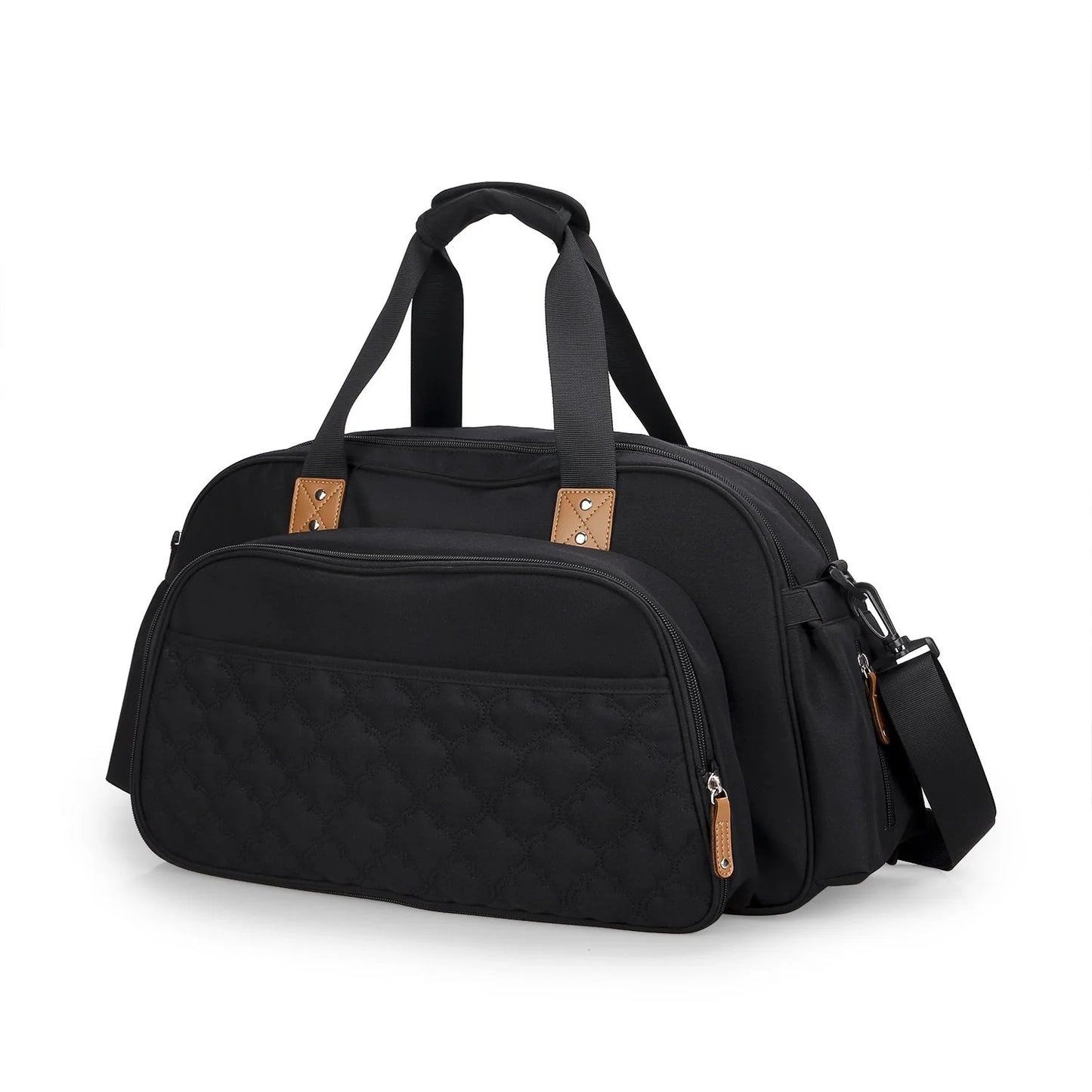 Convertible baby diaper bag in black and grey, transforming into a crib and changing table