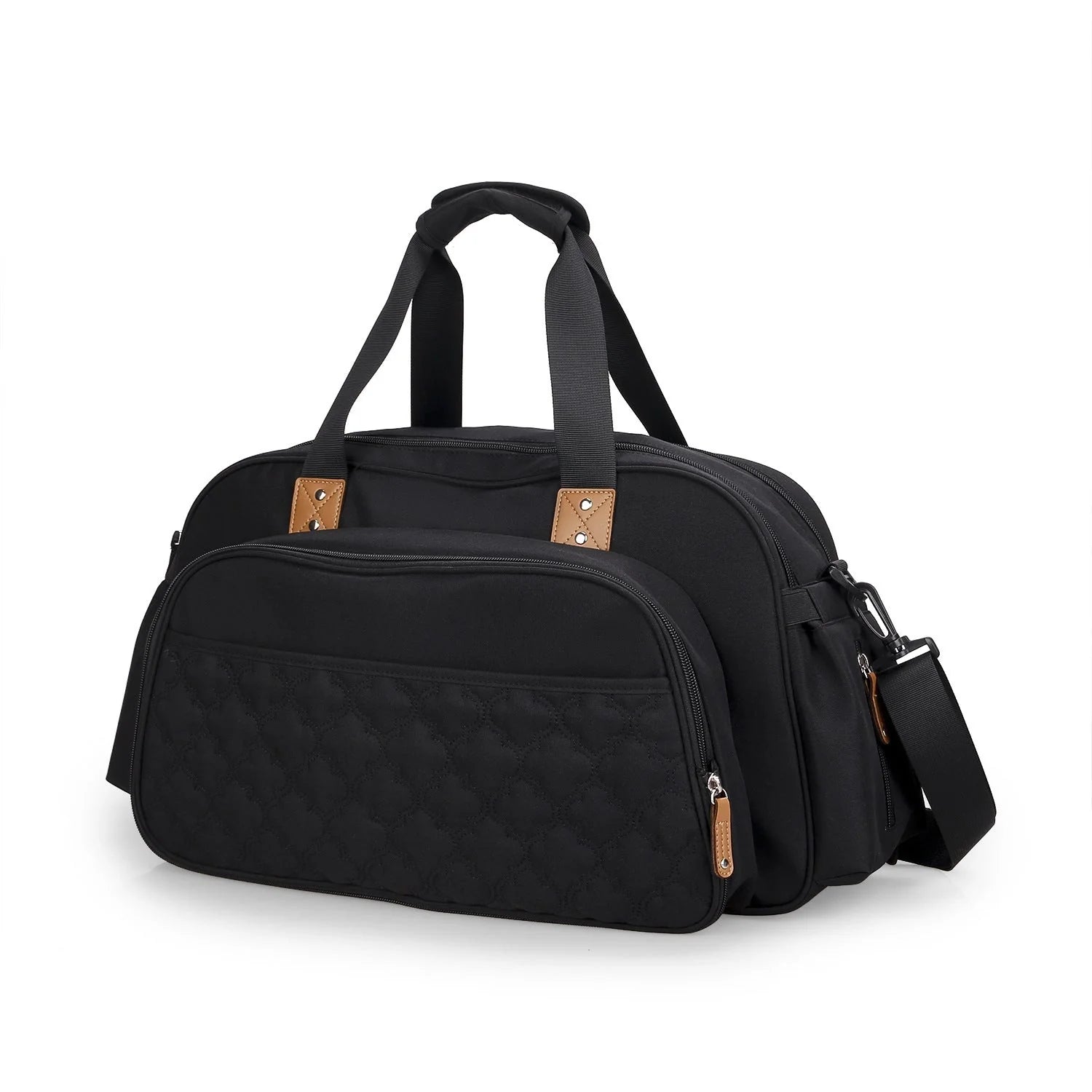 Convertible baby diaper bag in black and grey, transforming into a crib and changing table