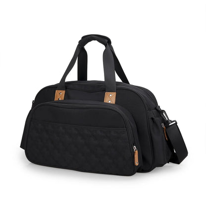 Convertible baby diaper bag in black and grey, transforming into a crib and changing table
