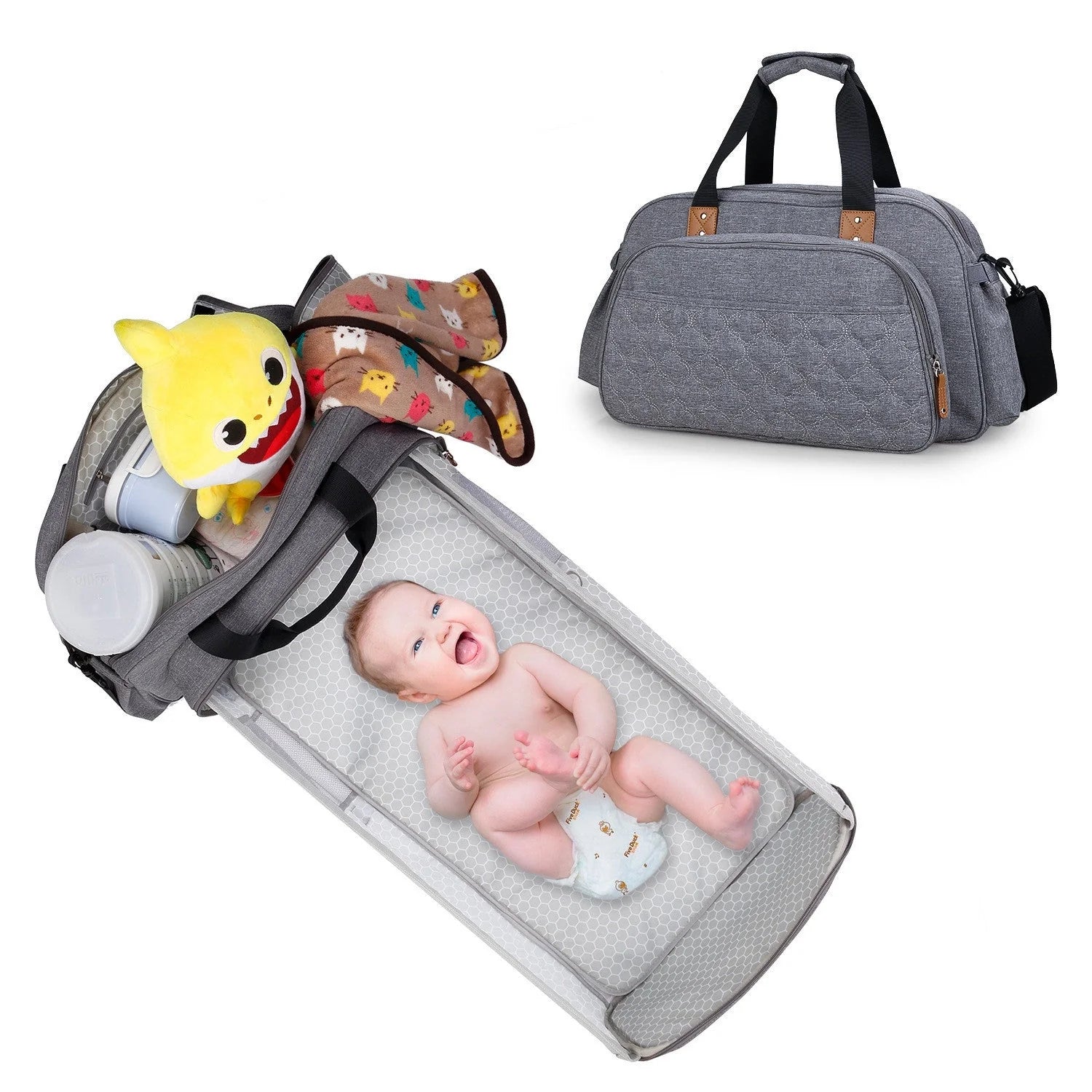Convertible baby diaper bag in black and grey, transforming into a crib and changing table