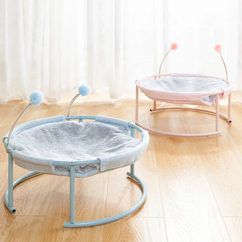 Plush cat hammock mattress in blue and pink, featuring 3cm plush hair for pet comfort