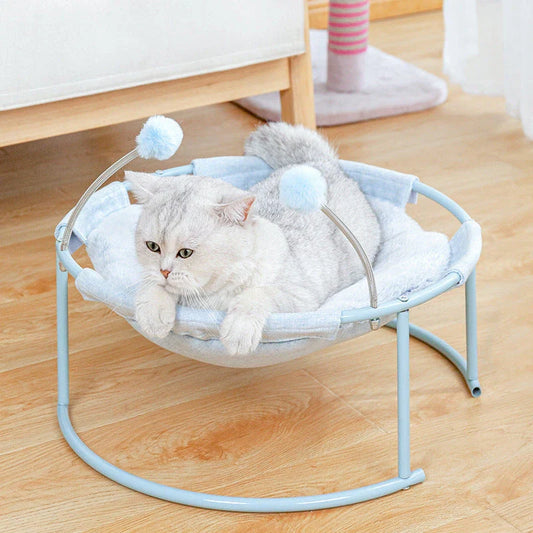 Plush cat hammock mattress in blue and pink, featuring 3cm plush hair for pet comfort