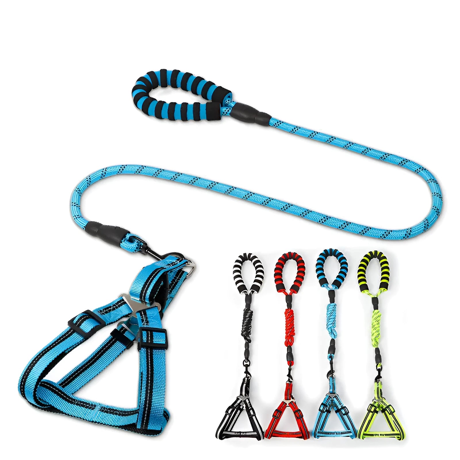 Nylon dog leash and chest harness set in green with adjustable strap and metal clip on white background
