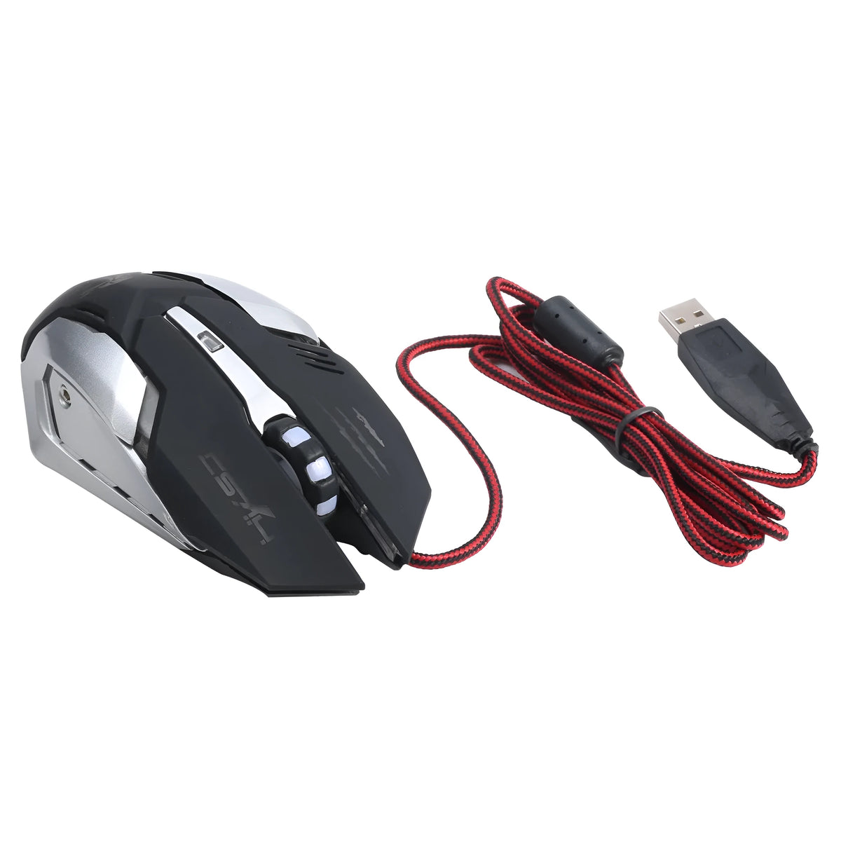 S100 wired gaming mouse in matte black with six buttons and scroll wheel on a white background