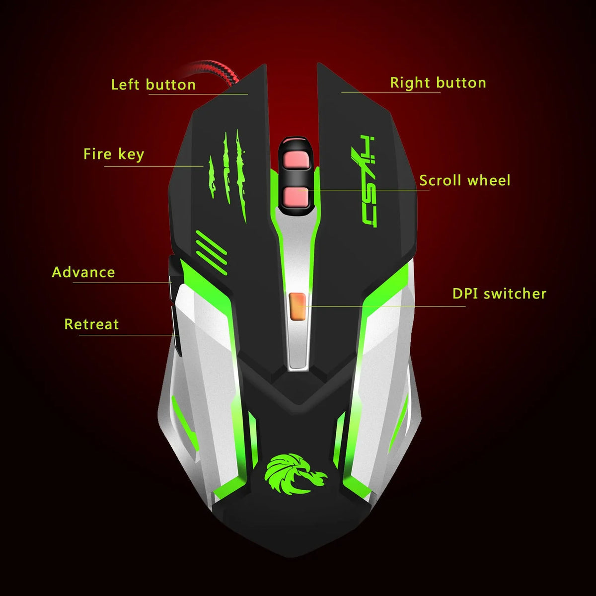 S100 wired gaming mouse in matte black with six buttons and scroll wheel on a white background