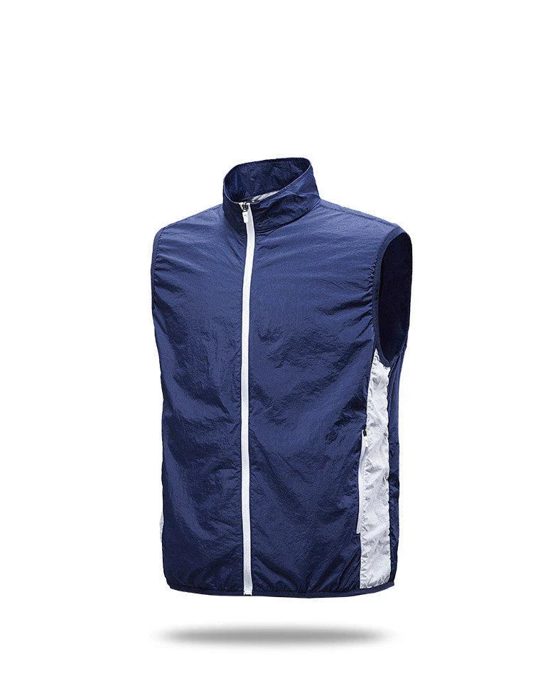 USB charging fan cooling vest in blue, light blue, grey, and green