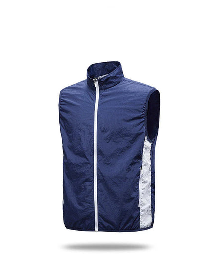 USB charging fan cooling vest in blue, light blue, grey, and green