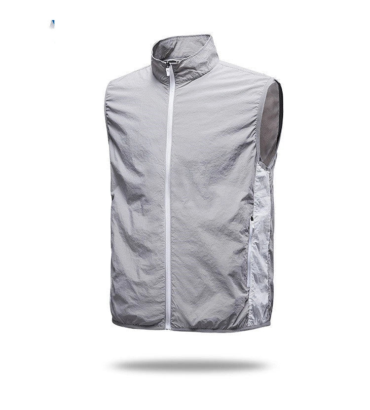 USB charging fan cooling vest in blue, light blue, grey, and green