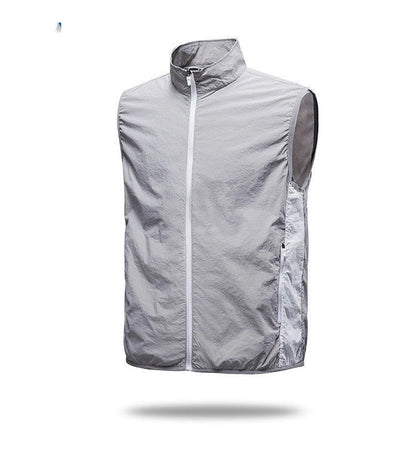 USB charging fan cooling vest in blue, light blue, grey, and green