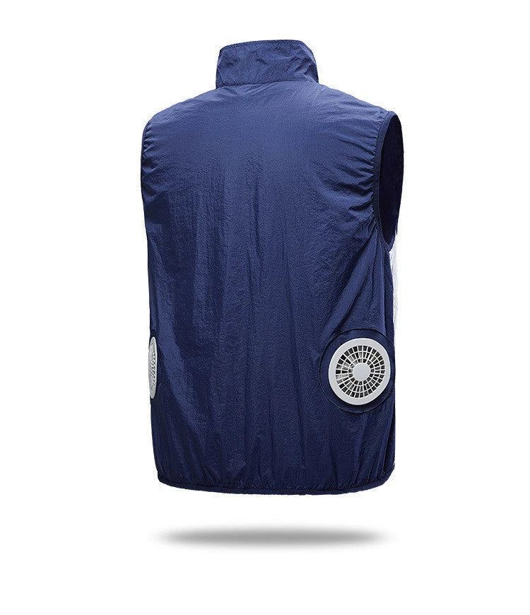 USB charging fan cooling vest in blue, light blue, grey, and green