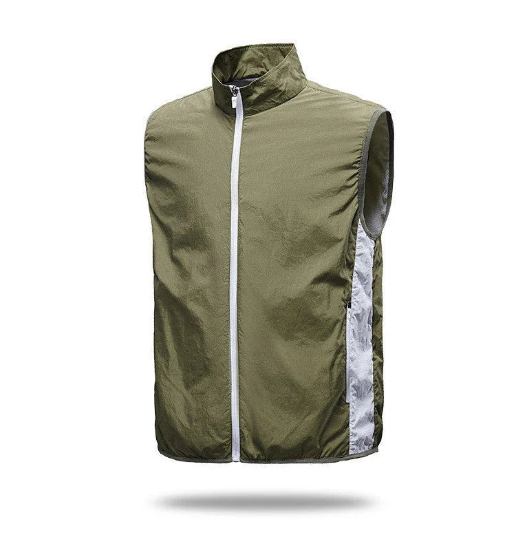 USB charging fan cooling vest in blue, light blue, grey, and green