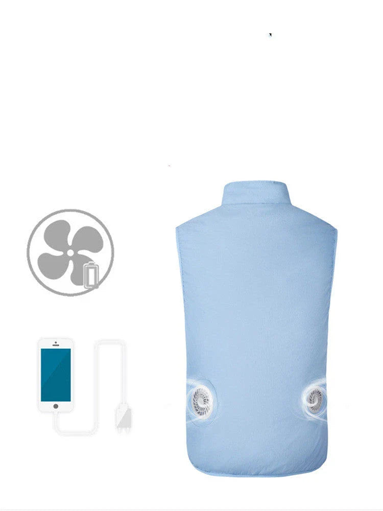 USB charging fan cooling vest in blue, light blue, grey, and green
