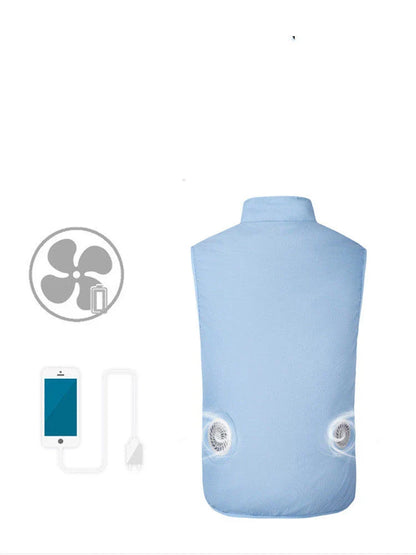 USB charging fan cooling vest in blue, light blue, grey, and green