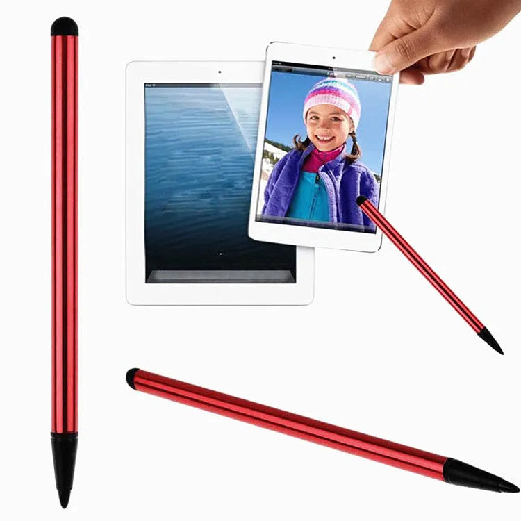 Silver, black, and red dual-purpose resistive capacitive touch screen stylus pens, 12cm long.