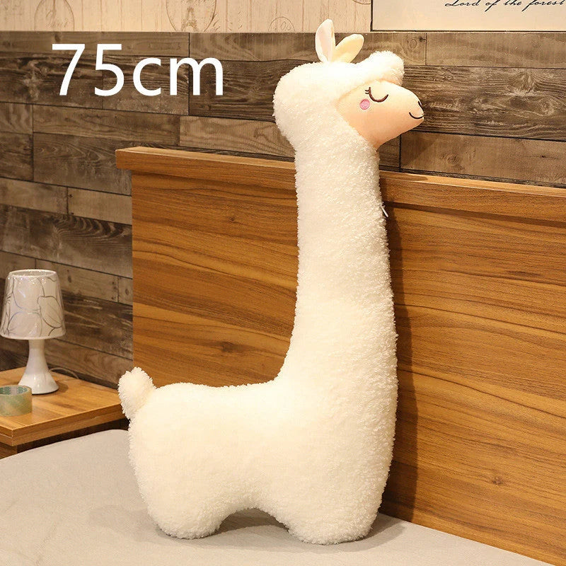 Alpaca plush toy pillow with removable washable cover in white and brown